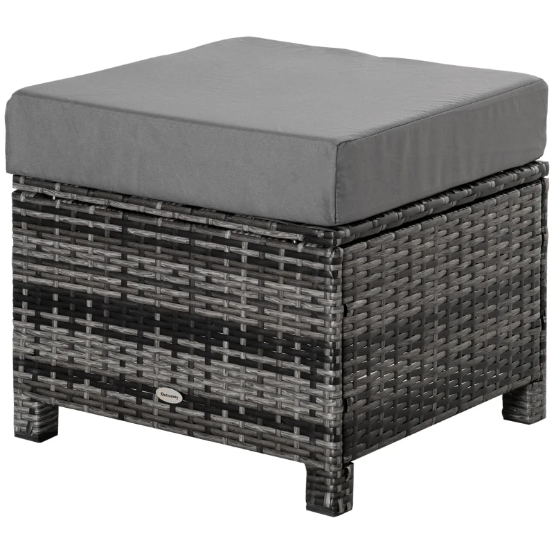 Outsunny Patio Rattan Ottoman, Outdoor Wicker Footrest with Soft Cushion, Metal Frame for Backyard, Garden, and Poolside, Grey