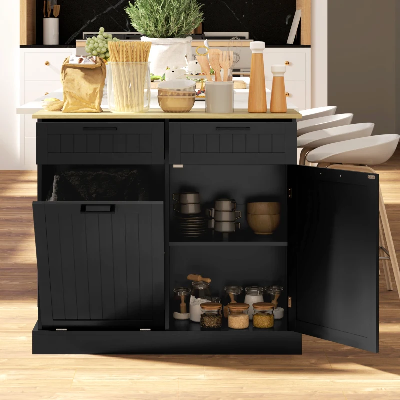 HOMCOM Hidden Garbage Bin Cabinet, Tilt Out Trash Cabinet w/ 2 Drawers, Freestanding Kitchen Island for Laundry, Black