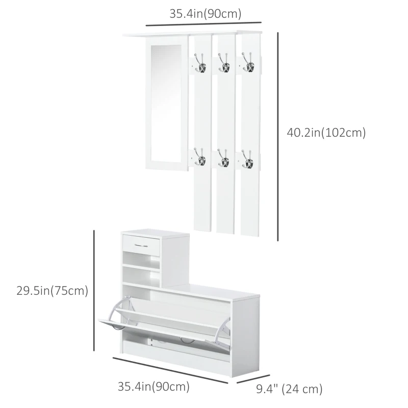 HOMCOM Entryway Organizer Unit, 3 In 1 Design Hall Tree with 6 Hooks, Mirror, Coat Rack Shoe Storage Shelf with Coat Hanger for Hallway Living Room White