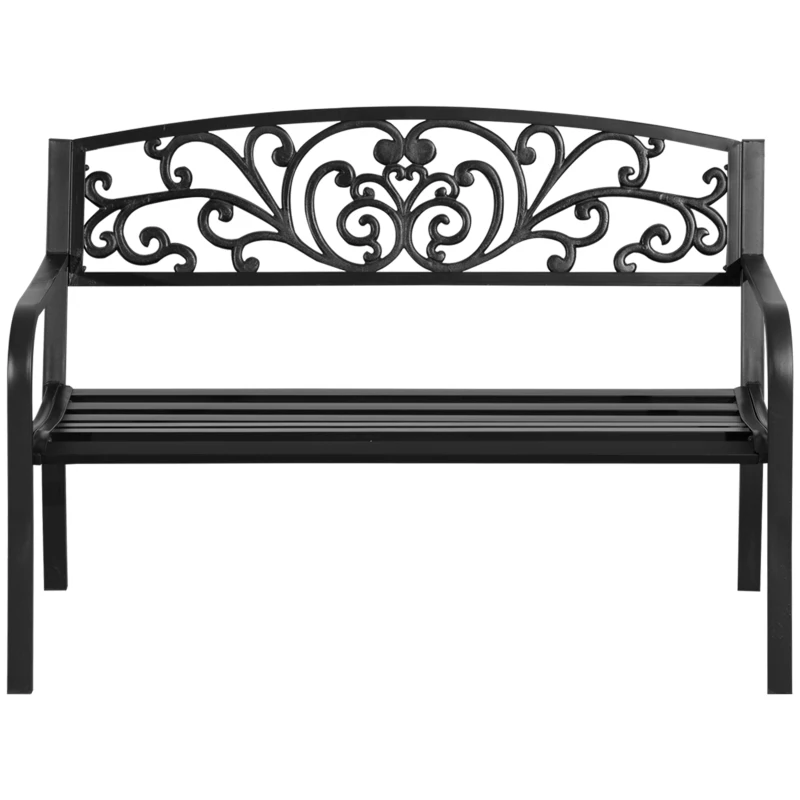 Outsunny 50" Outdoor Bench, Metal Garden Bench with Floral Pattern Backrest, Porch Bench with Slatted Seat for Park, Yard, Lawn, Black