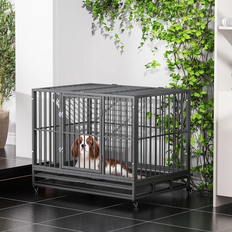 PawHut 43" Heavy Duty Dog Crate Metal Cage Kennel with Lockable Wheels, Double Door and Removable Tray, Gray