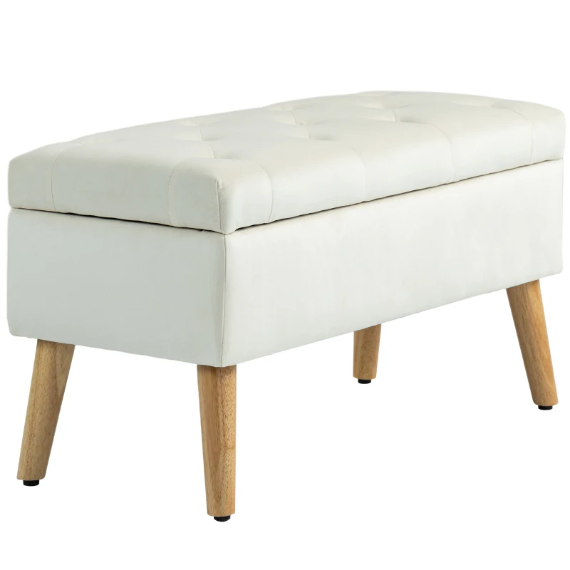 HOMCOM Storage Ottoman with Lid, Velvet Upholstered Storage Bench with Wood Legs for Living Room, Cream White