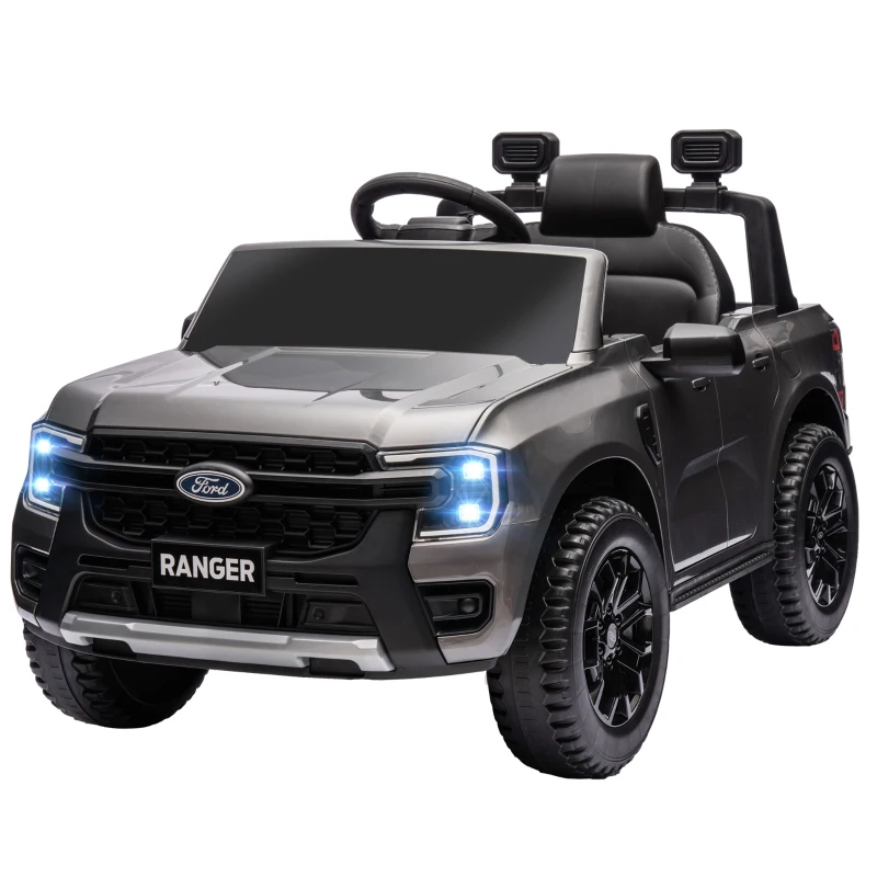 Qaba Ford Ranger Licensed 12V Ride on Car Battery Powered Kids Truck w/ Rear Storage Remote, Spring Suspension, Grey