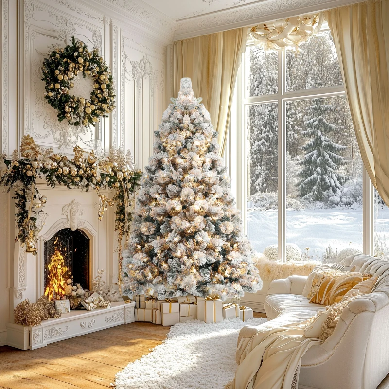 HOMCOM 6.5 ft Prelit Flocked Artificial Christmas Tree with 350 Clear Lights, 1107 Tips, Metal Stand for Home Office Holiday