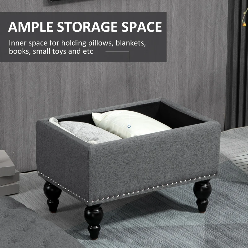 HOMCOM Ottoman with Storage for Living Room, 25" Storage Ottoman with Removable Lid, Button-Tufted Fabric Bench for Footrest and Seat with Wood Legs, Gray