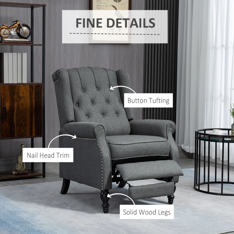HOMCOM Fabric Recliner Chairs for Living Room, Push Back Reclining Chair with Wingback, Button Tufted, Nail Head Trim, Footrest, Dark Grey