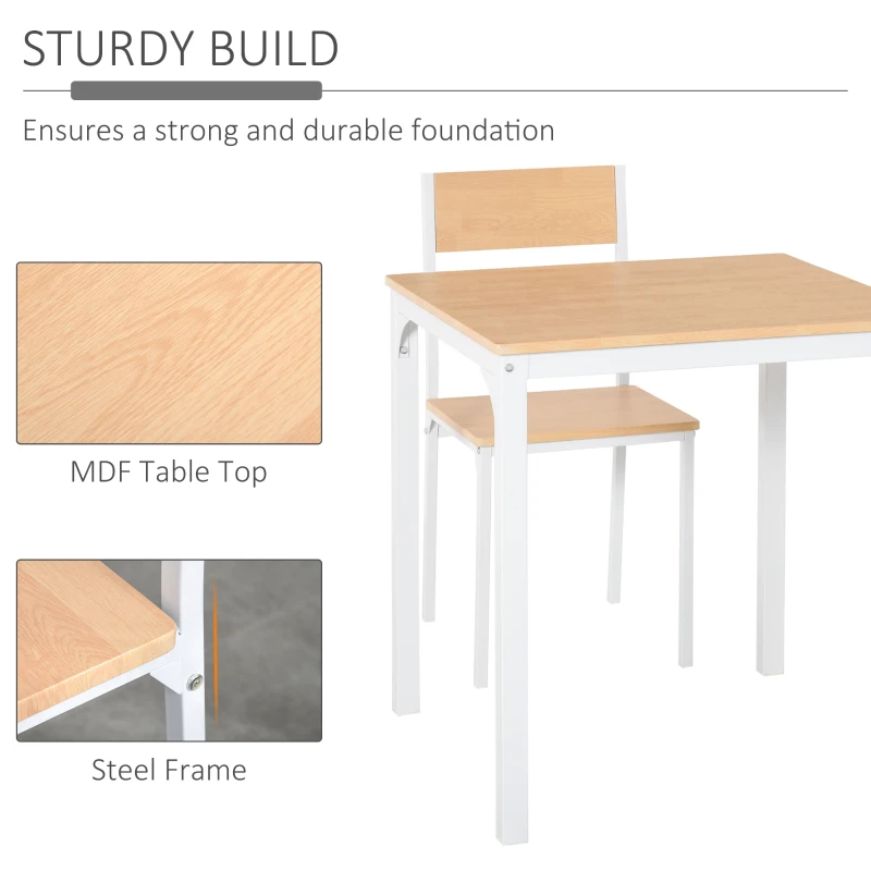 HOMCOM 3-Piece Wooden Square Dining Table Set with 1 Table and 2 Chairs and Sturdy Metal Frame for Small Space, White