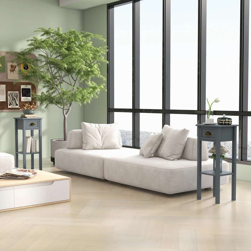 HOMCOM 2-Tier Side Tables Set of 2 with Drawer and Shelf, 2 Pieces End Tables for Living Room and Hallway, Gray