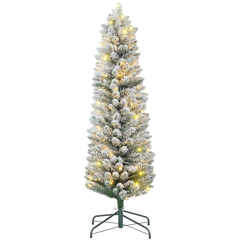 HOMCOM 5ft Artificial Prelit Christmas Tree with Warm White LED Light, Snow Flocked Branches, Metal Base, Pencil Xmas Tree