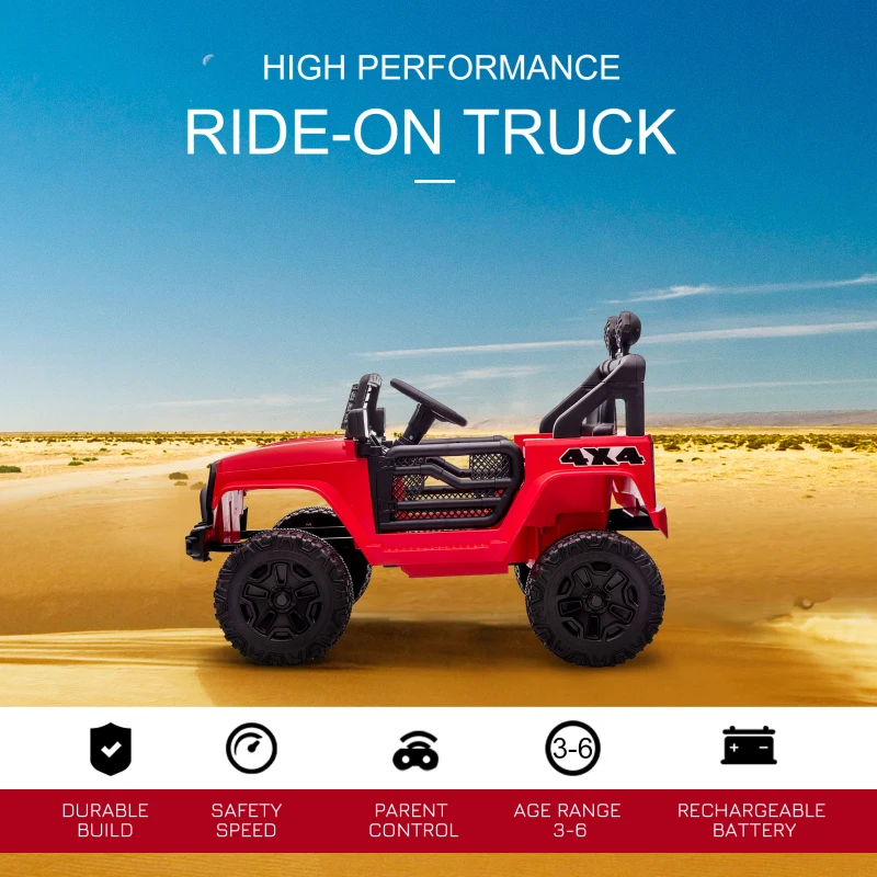 Aosom 12V Kids Ride On Truck with Parent Remote Control, Battery Powered Electric Car with Spring Suspension, Adjustable Speed, LED Lights and Horn, Red(m-4)