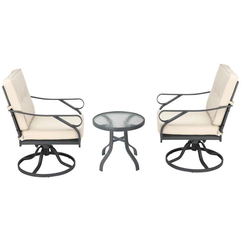 Outsunny 3 Pieces Outdoor Bistro Set, 2 Swivel Rocker Chairs and 1 Round Tempered Glass Table with Cushion, Yard, Lawn, Porch and Garden Furniture, White