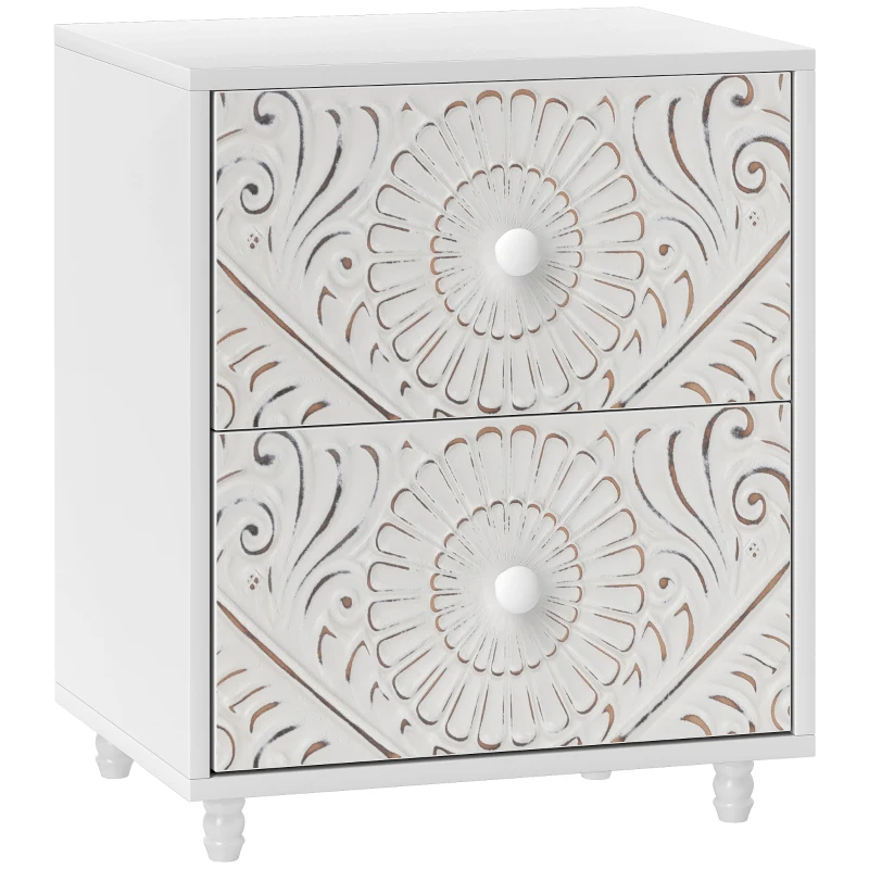 HOMCOM Mid-Century Bedside Table, Nightstand with 2 Drawers, Side End Table for Bedroom, White