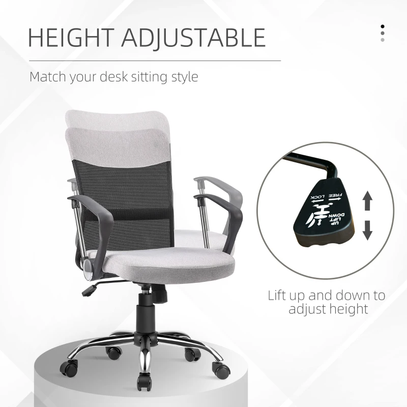 Vinsetto Mid Back Office Chair, Linen-feel Mesh Computer Desk Chair with Lumbar Back Support, Arm, Adjustable Height, Grey