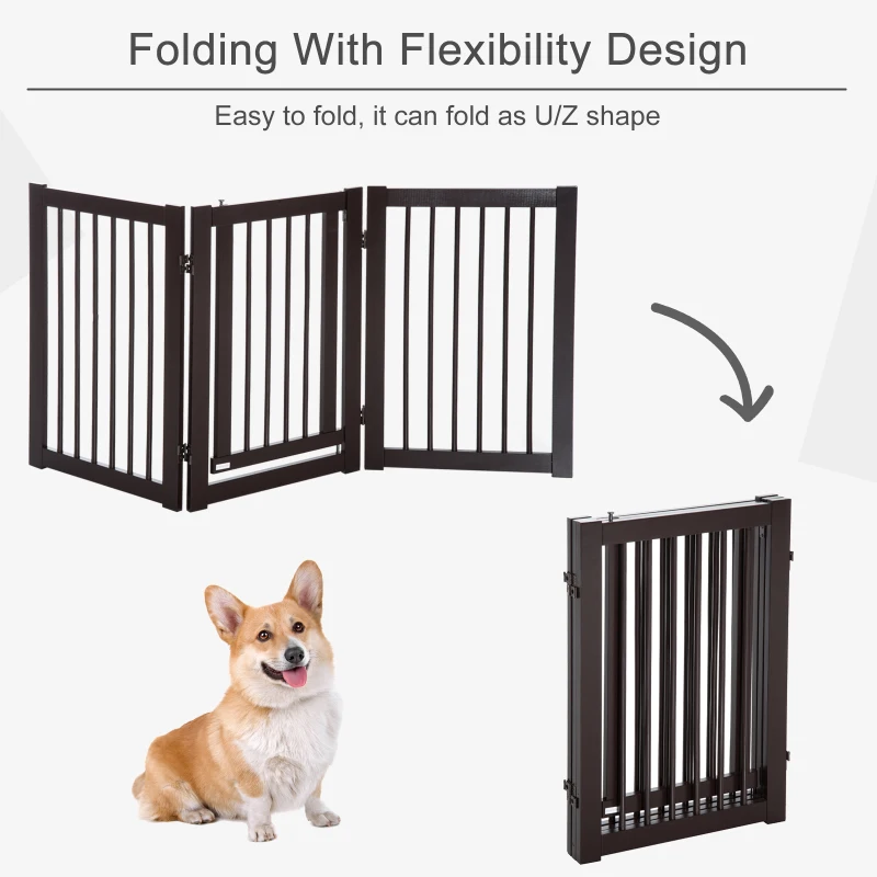 PawHut Free Standing Wooden Pet Gate Indoor Dog Barrier Foldable Step Over Doorway Fence Safety Gate with Open Door Z Shape 3 Panel