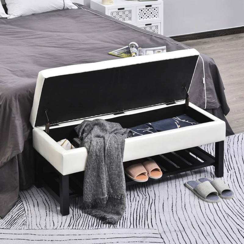HomCom 44" Tufted Faux Leather Ottoman Storage Bench With Shoe Rack - White