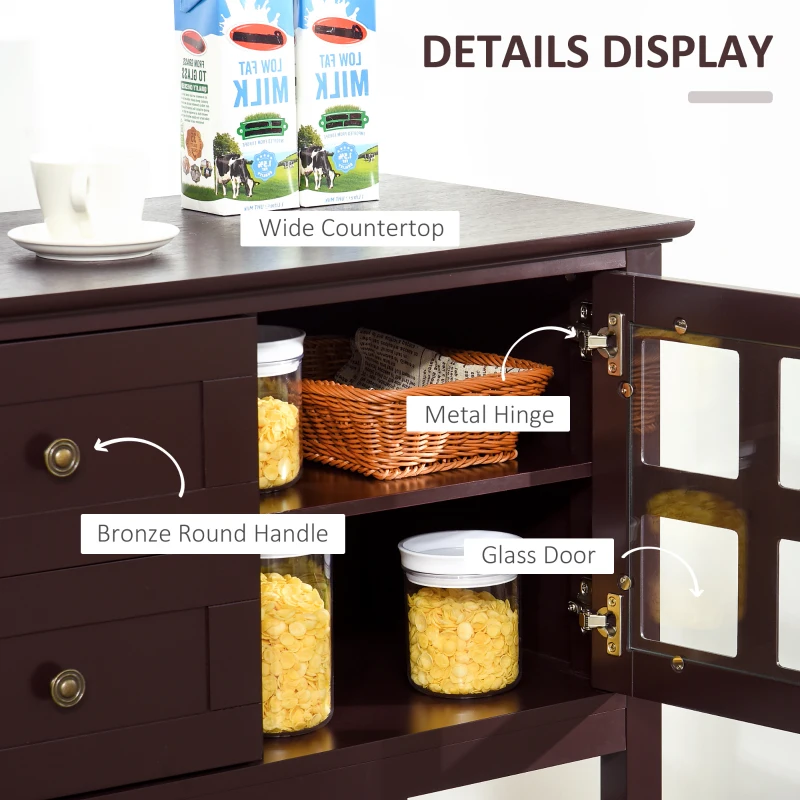 HOMCOM Coffee Bar Cabinet, Kitchen Cabinet with Adjustable Shelves, Glass Doors and 2 Drawers, Sideboard Buffet Cabinet for Living Room, Espresso