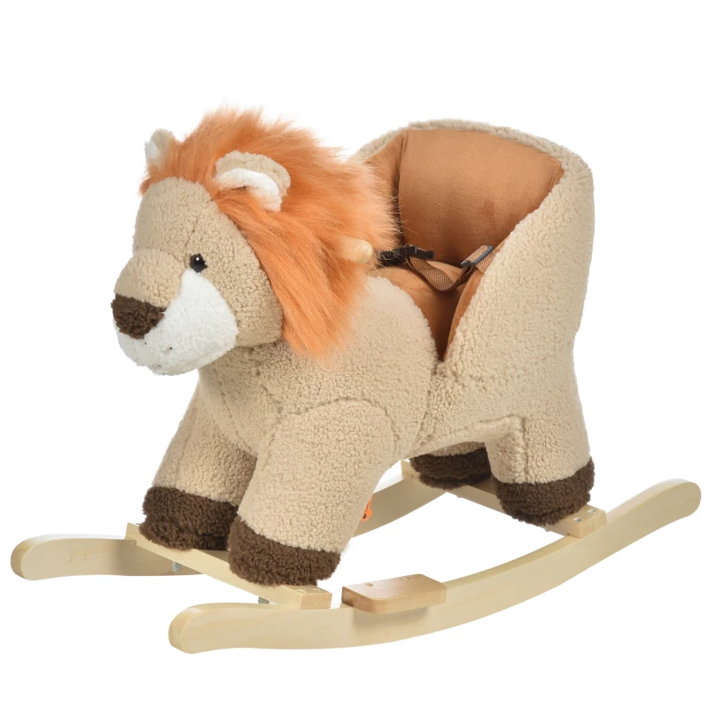 Qaba Baby Rocking Horse Lion Design Plush Stuffed Rocking Chair, Wooden Rocking Horse with Sound, Seat Belt for Boys and Girls Gift, Brown
