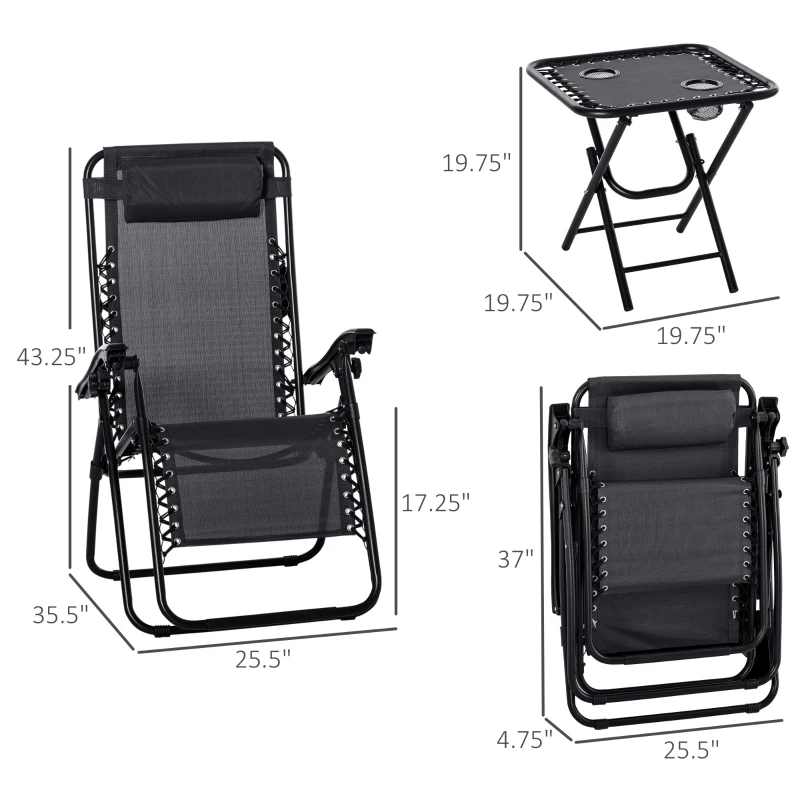 Outsunny Zero Gravity Chair Set of 2 Patio Chair with Side Table Cupholders and Pillows for Pool, Backyard, Lawn, Black