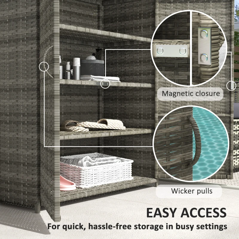 Outsunny Rattan Wicker Outdoor Storage Cabinet with 4 Shelves and 2 Doors for Garden Pool Towel Storage, Mixed Gray