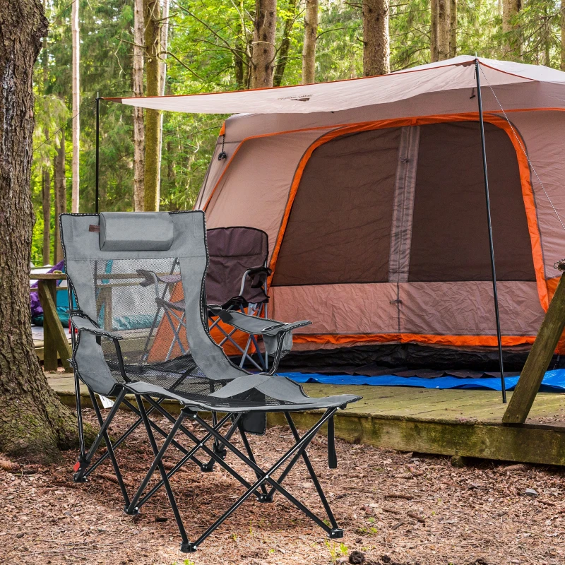 Outsunny Outdoor Folding Chaise Lounge Chair with Reclining Back, Headrest, Cup Holder, Carry Bag for Patio, Camping, Grey