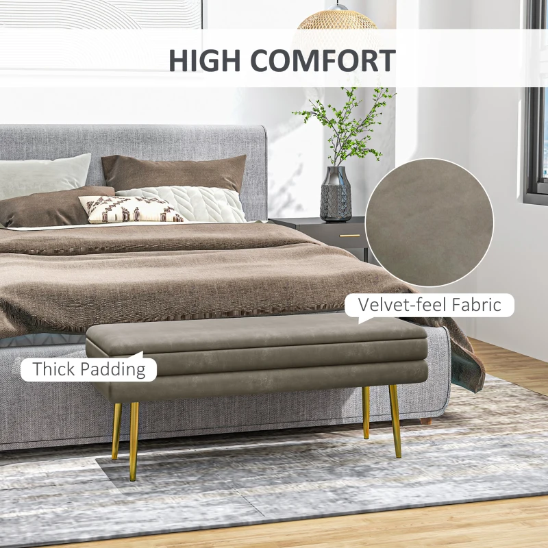 HOMCOM 39" Storage Ottoman, Velvet End of Bed Bench with Steel Legs, Foot Stool with Storage for Bedroom, Living Room, Beige