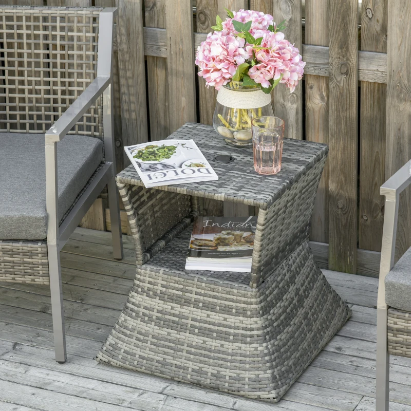 Outsunny Outdoor Side Table with Umbrella Hole, 2 Tier Rattan Wicker End Table with Storage Shelf, All Weather for Outdoor, Patio, Garden, Backyard, Mixed Gray