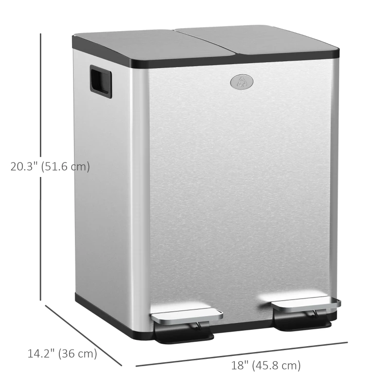 HOMCOM Dual Garbage Bin, Soft-Close Trash Can with Foot Pedal, 2 x 20 Liter Garbage Can with Removable Inner Buckets, Silver