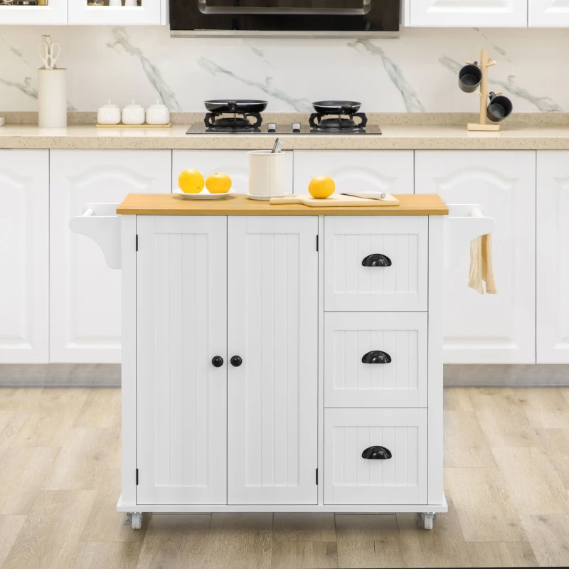 HOMCOM Modern Rolling Kitchen Island Cart with 3 Drawers Towel Rack Double Door Storage Cabinet White
