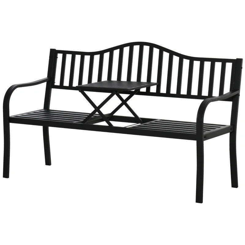 Outsunny Metal Outdoor Bench with Liftable Middle Table, Patio Loveseat, Garden Bench for Lawn, Porch, Seats 2–3 People, Black
