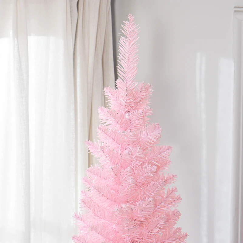 HOMCOM 8ft Unlit Pencil Artificial Christmas Tree with Realistic Branches and 618 Tips, Plastic Base, Pink