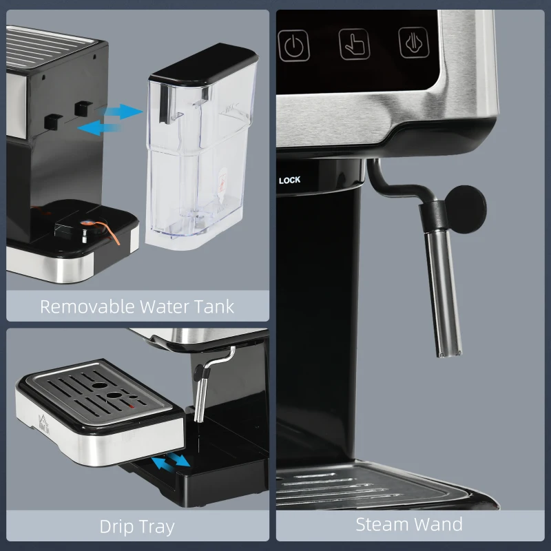 HOMCOM Espresso Machine with Milk Frother Wand, 15-Bar Pump Coffee Maker with 1.5L Removable Water Tank for Espresso, Latte and Cappuccino