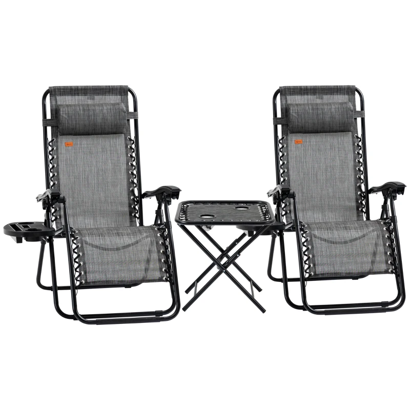Outsunny Zero Gravity Chair Set of 2 Patio Chair with Side Table Cupholders and Pillows for Pool, Backyard, Lawn, Beach, Grey