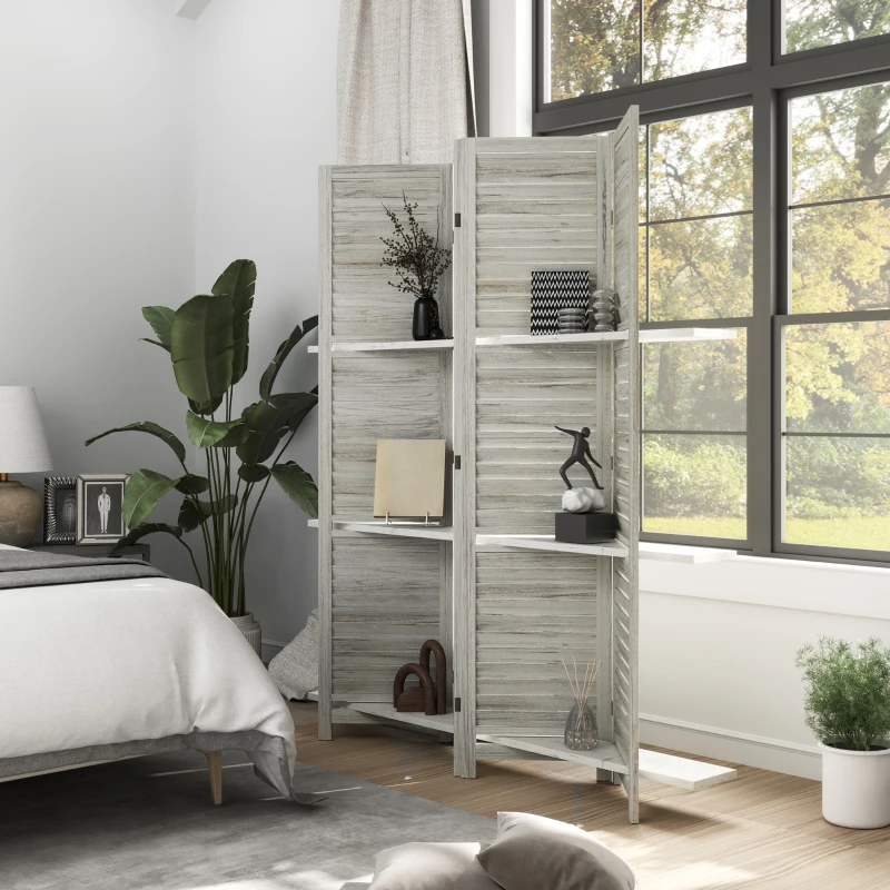 HOMCOM 4 Panel 67" Tall Wood Privacy Screen Room Divider with 3 Shelves and Folding Storage for Bedroom, Distressed White