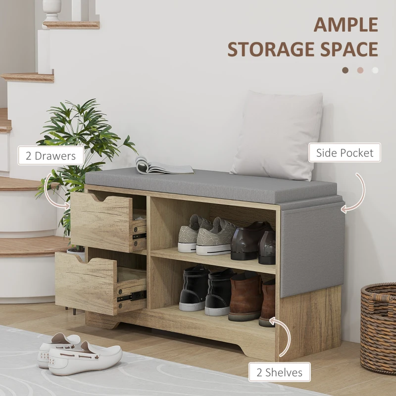 HOMCOM Upholstered Shoe Storage Bench w/ Seat, Entrance Bench w/ Drawer Open Shelves and Pocket for Hallway, Grey