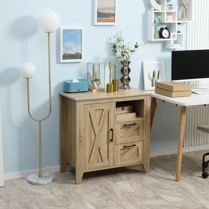 HOMCOM Farmhouse Storage Cabinet, Kitchen Cupboard Buffet Cabinet with Drawers, Door and Adjustable Shelf, Natural