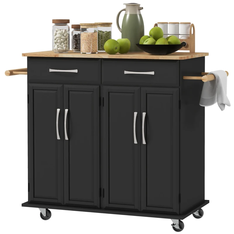 HOMCOM Kitchen Island on Wheels with Rubberwood Top, Rolling Kitchen Cart with 2 Drawers, 4 Doors and Adjustable Shelves