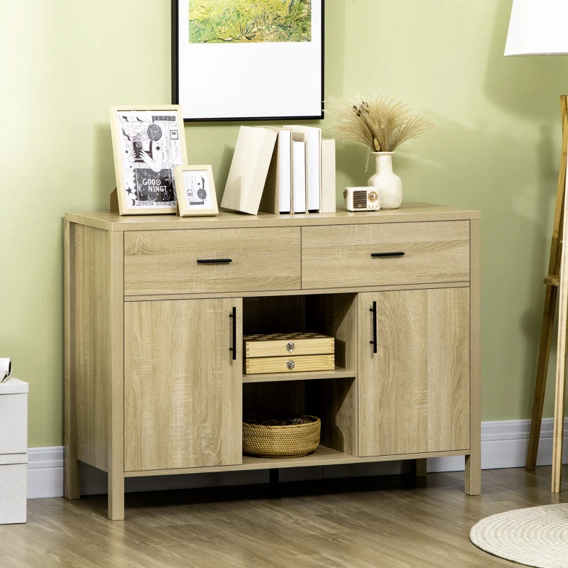 HOMCOM Buffet Table Sideboard and Buffet with 2 Drawers 2 Door Cupboards 2 Open Shelves for Living Room Light Grey