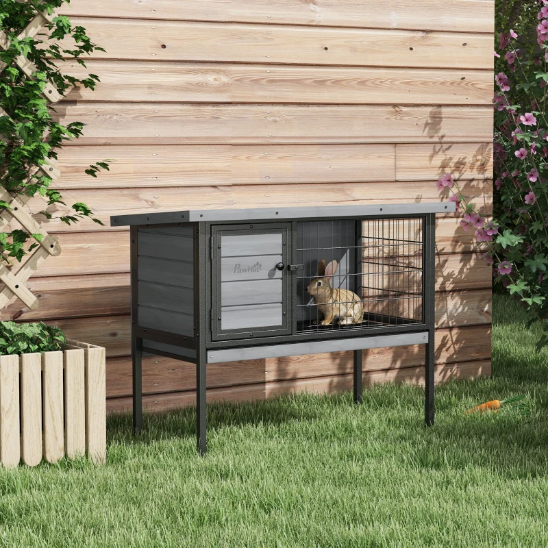 PawHut Wooden Rabbit Hutch Elevated with No Leak Tray, Openable Roof for Indoor/Outdoor, Gray