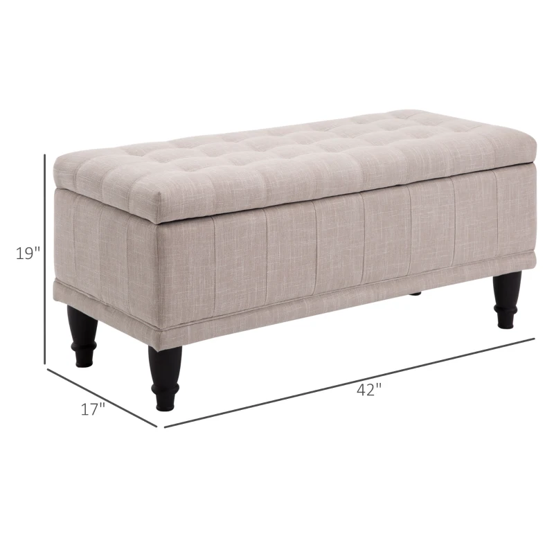 HOMCOM Storage Ottoman, Linen Fabric Button Tufted Storage Bench with Soft Close Lid for Living Room, Entryway or Bedroom, Beige