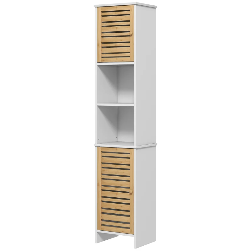 HOMCOM Tall Bathroom Cabinet with Bamboo Doors, Bathroom Storage Cabinet with Adjustable Shelves and Open Compartments, White