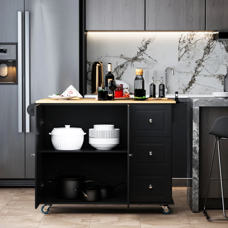 HOMCOM Mobile Kitchen Island with Drop Leaf, Storage Trolley Cart on Wheels, Towel/Spice Rack, 3 Drawers, 2-Door Cabinet, Black