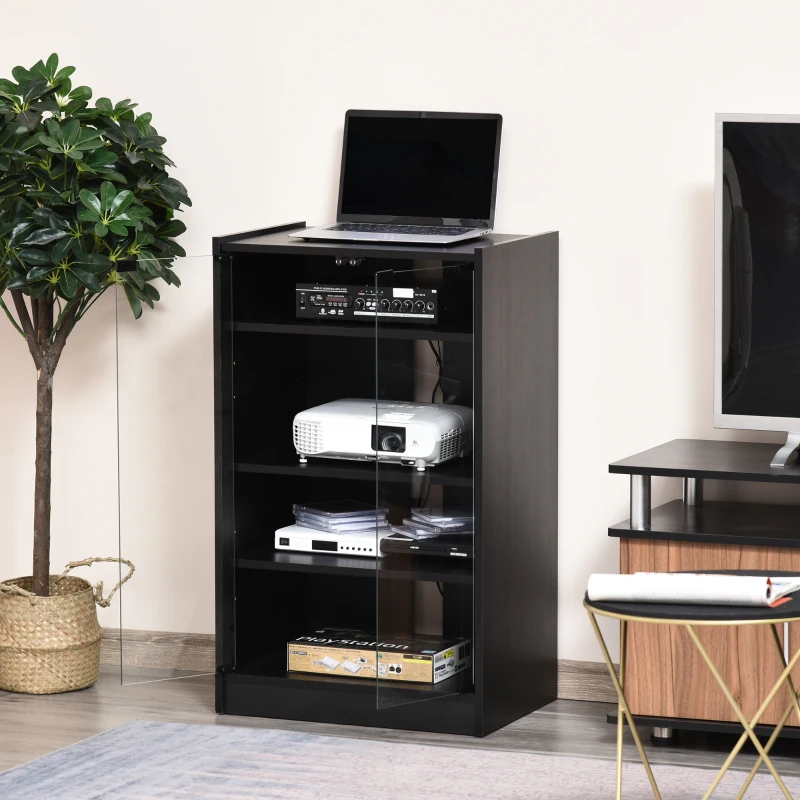 HOMCOM 5-Tier AV Media Stand with Push to Open Glass Doors, Audio-Video Storage Cabinet with Adjustable Shelves for DVD Players, Games Consoles, Routers, Distressed Black