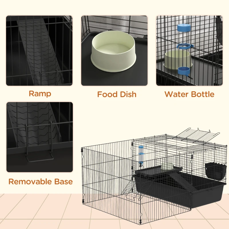 PawHut 33" Small Animal Cage with Playpen, Bunny Hutch Indoor for Guinea Pigs Hedgehogs with Accessories, Water Bottle, Food Dish, Feeding Trough