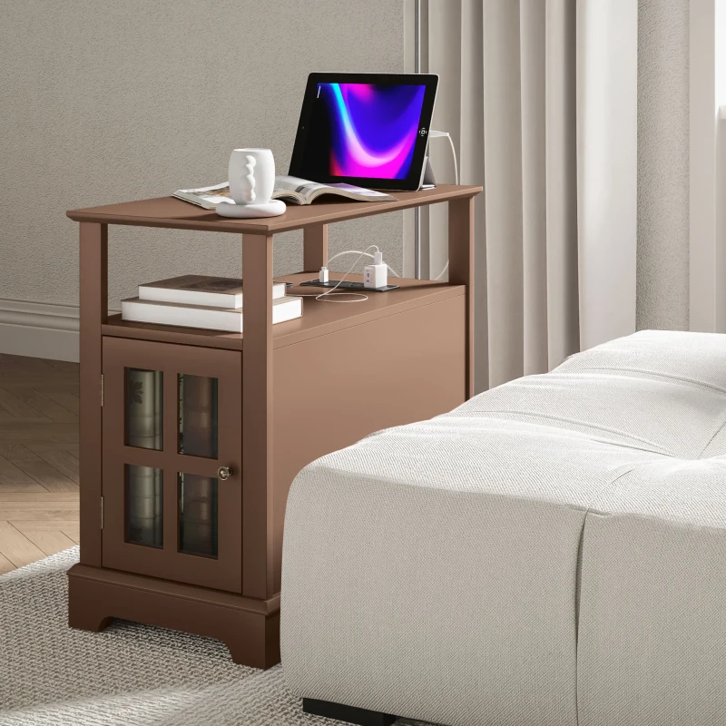 HOMCOM Narrow Side Table End Table with Charging Station, USB Ports, Modern End Table with Storage for Living Room, Brown
