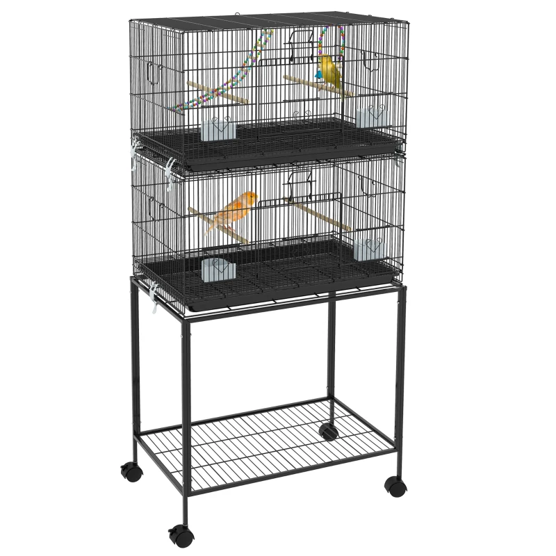 PawHut 65" Birdcage for Canaries, Lovebirds Finches, Budgie Cage with Wheels, Black