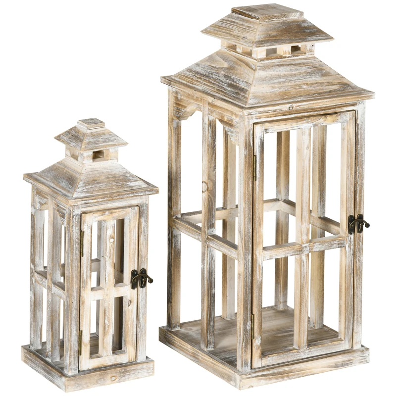 HOMCOM 2 Pack 28"/20" Large Rustic Wooden Lantern Decorative, Indoor/Outdoor Lantern for Home Décor (No Glass), Natural