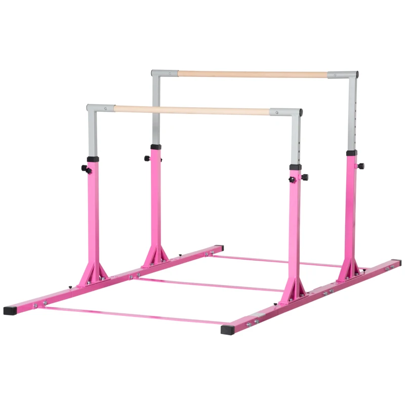 Qaba Double Horizontal Bars, Junior Gymnastic Training Parallel Bars with Double-locking System 13-level 36"-59" Adjustable Heights, 6-level Adjustable Width for Indoor Outdoor, Pink