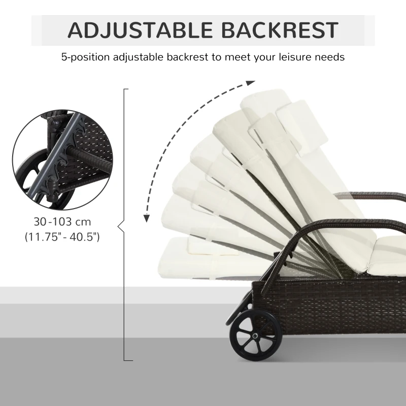 Outsunny 2 Reclining Chaise Lounge Chairs, Rolling Outdoor Chairs with Cushion, Pillow, Headrest, Armrests, and Wheels, Cream