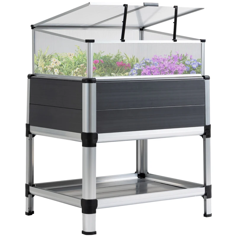 Outsunny Raised Garden Bed with Cold Frame Greenhouse and Storage Shelf, Aluminum & PVC Elevated Planter Box for Herbs and Vegetables, Use for Patio, Backyard, Balcony