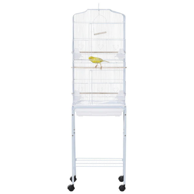 PawHut 62" Rolling Bird Cage Cockatoo House Play Top Finch Pet Supply with Storage Shelf, Wheels - White